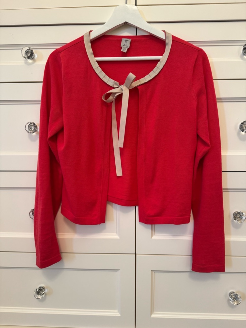 TRISTAN BRIGHT KNIT CARDIGAN WITH RIBBON TIES, SIZE MEDIUM (MORE LIKE A SMALL)